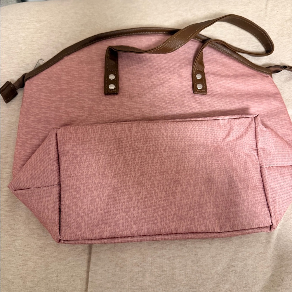 Pink Travel Cooler Tote Bag with Brown Handles